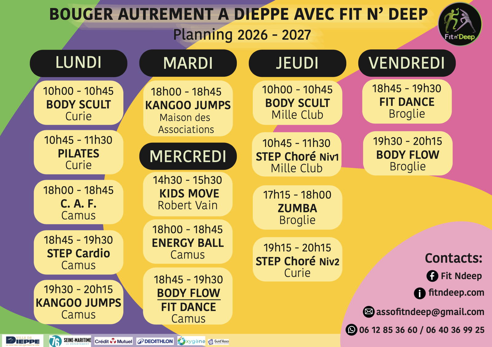 Planning des cours de fitness Fit n' Deep à Dieppe et Neuville-lès-Dieppe : cours de Pilates, cours de Zumba, cours de Step, cours de Kangoo Jump, cours de Body Sculpt, cours de Body Flow, cours de Fit Dance et cours d'Energy Ball